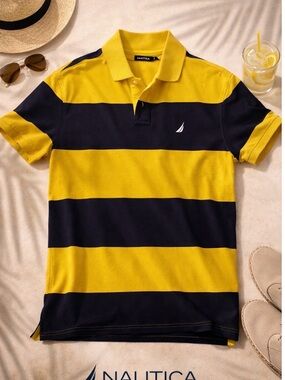 Nautica Men’s Yellow and Navy Wide-Stripe Polo